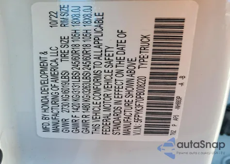 2023 Honda Ridgeline Rtl-E from USA, damaged, VIN 5FPYK3F70PB008220